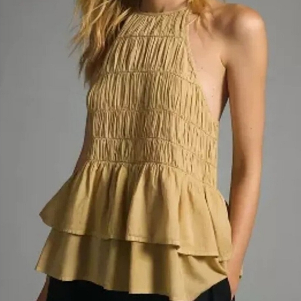 Anthropologie x Pilcro Smocked Sleeveless Top Size XS Cedar Boho Ruffles
